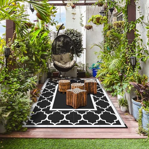 GENIMO 6' x 9' Outdoor Rug Waterproof for Patio Decor, Foldable Reversible Plastic Straw Area Rugs Mat for Camper, Morden Carpet for Outside, Rv, Deck, Porch, Picnic, Beach, Balcony, Black & White - color: Black&white, size: 6' x 9' (Rectangular)