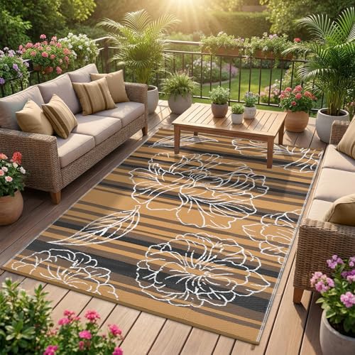 Garvee 5x8 Outdoor Waterproof Rug, Floral Outdoor Area Rug，Reversible Plastic Straw Patio Rug, Portable Camping Mat for RV, Picnic, Beach, Balcony, Garden & Camping Black&Brown - color: Blackbrown, size: 5' x 8' (Rectangular)