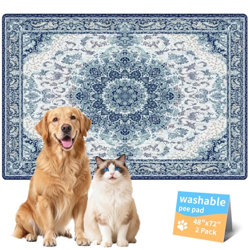 Washable Pee Pads for Dogs, Reusable Puppy Potty Training Pads, Ultra-Absorbent Thick Waterproof Leak-Proof Non-Slip Pads & Mat for Crate, Playpen, Floor, Whelping & Housebreaking , 2 Pack 48"x72" - color: Blue/Multi, size: 48" ×72"(pack of 2)