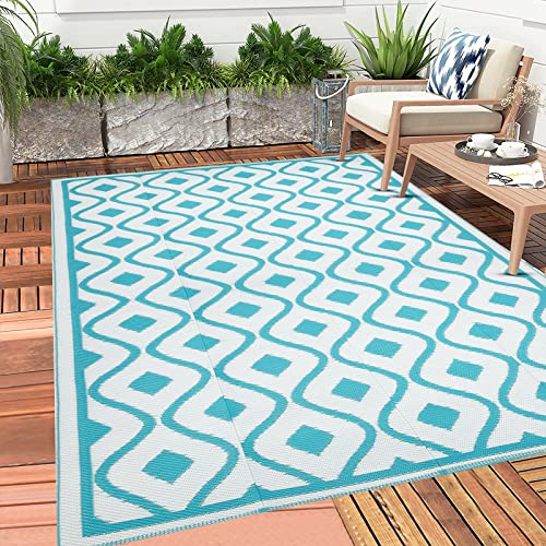 Pauwer Waterproof Outdoor Rug 6x9, Reversible Plastic Straw Patio Camping Rug, Indoor Outdoor RV Mat Carpet for Deck, Camper, Porch, Balcony, Backyard, Picnic, Geometric Teal - color: Geometric Teal, size: 6' x 9' (Rectangular)