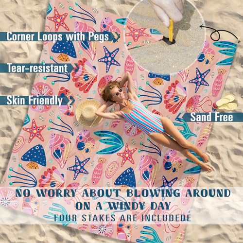 Famstar Beach Blanket Sandproof Waterproof 78''×81''1-5Adults Oversized,Compact Lightweight Durable Beach Mat for Travel Camping Hiking Picnic Blanket - color: Pink Ocean, size: 78''×81''