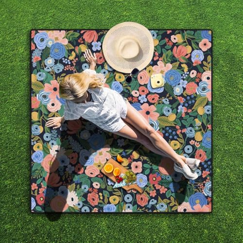 Picnic Blankets Waterproof Foldable Extra Large,80"x 80" Outdoor Beach Blanket Sandproof,3-Layer Lightweight Handy Mat Tote Picnic Camping Rugs for Outside Your Rv (Garden Party Floral Navy) - color: Picnic Blankets 1
