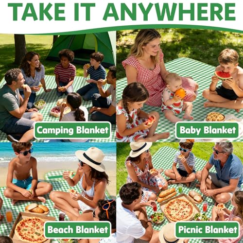 Large Picnic Blanket Beach Blanket 70'' x 70'', Outdoor Waterproof Sandproof Foldable Blanket, Camping Garden Grass Patio Lawn Park Hiking Travel Essential Accessories Green Gingham Mats
