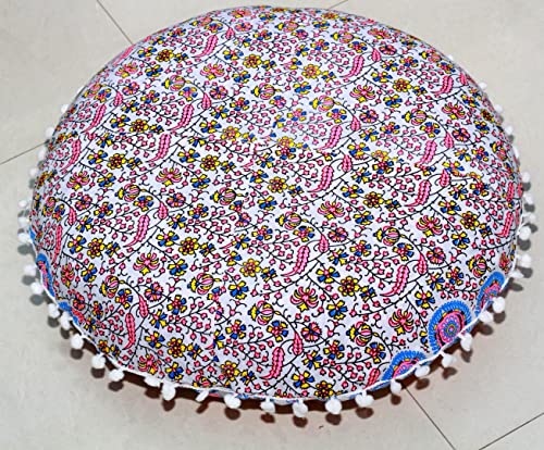 CRAFT KALA 22" Floor Pillows Cover for Sitting, Large Meditation Cushions Cover for Adults, Bohemian Mandala Round Pouf Seating Ottoman Cover for Outdoor Yoga and Living Room Pink Yellow Floral - color: Pink Yellow Floral, size: 22"