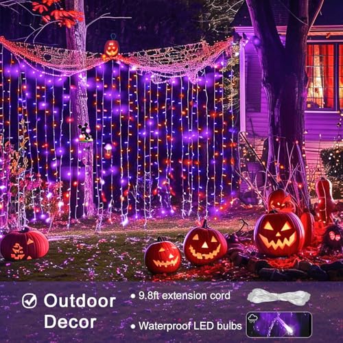 JMEXSUSS 300LED Orange and Purple Halloween Curtain Lights with Remote, 9.8x9.8ft Window Twinkle Hanging String Lights Plug in, Halloween Lights for Bedroom Wall Party Backdrop Indoor Outdoor Decor - color: Orange and Purple, size: 300 LED