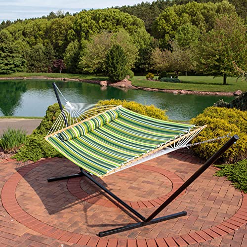 Sunnydaze Quilted Double Hammock for Outside with Spreader Bars and Pillow - 450 lb Capacity, 74x55 Inch Bed, UV Resistant, Quick Dry - Chains Included, Stand Sold Separately - Melon Stripe - color: Melon Stripe