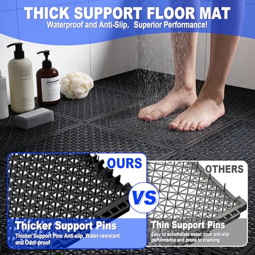 16 PCS Modular Interlocking Cushion Interlocking Floor Tiles with Hole Drainage Mat 10" x 10" Non Slip Pool Deck Mat Outdoor for Drain Deck Pool Patio Shower Kitchen Balcony (Black) - color: Black