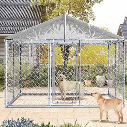 10ft×10ft Outdoor Large Dogs Kennels Enclosure - Outside Dog Cage with Waterproof roof Cover, Galvanized Steel Dogs House Fence Playpen with Lockable Door for Patio Backyard Farm Gardens - size: 118"D×118"W×83"H