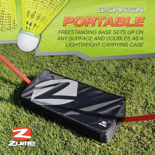 Zume Games Portable Badminton Set with Freestanding Base - Sets Up on Any Surface in Seconds - No Tools or Stakes Required