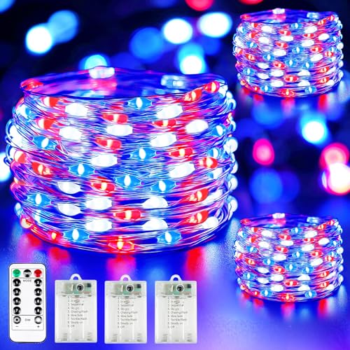 4th of July Decoration Lights, 3 Pack Red White and Blue Fairy Lights Battery Operated with Remote & Timer, Waterproof Patriotic Light Indoor Outdoor 8 Modes for Independence Day Anniversary Memorial - color: Red & White & Blue, size: 3 Pack 80led
