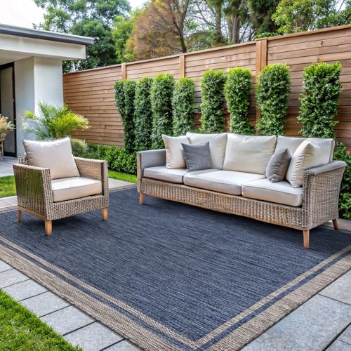 CAMILSON Outdoor Rug, 5x7 Bordered Navy Blue Gray Modern Area Rugs for Indoor and Outdoor Patios, Porches Waterproof Washable Porch Deck Outside Carpet (Bordered Navy, 5 x 7) - color: Bordered Navy, size: 5' x 7' (Rectangular)