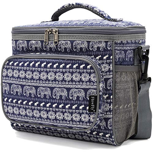 FlowFly Insulated Reusable Lunch Bag Adult Large Lunch Box for Women and Men with Adjustable Shoulder Strap,Front Zipper Pocket and Dual Large Mesh Side Pockets,Elephant - color: Elephant