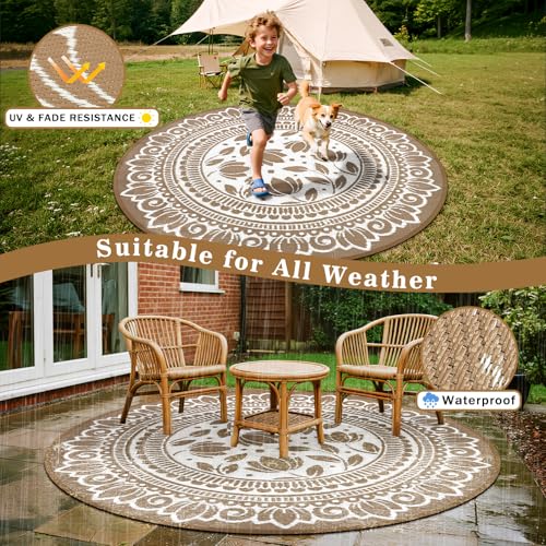 6ft Round Waterproof Outdoor Patio Rug, Reversible Plastic Straw Rug, Classic Floral Pattern Picnic Mat for RV Camping, Backyard, Deck, Porch & Garden, Light Taupe - color: Light Taupe, size: 6' (Round)