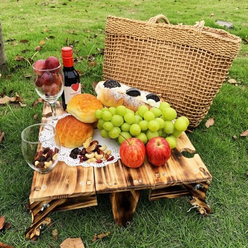 Wooden Folding Picnic Table with Storage Basket - 2-in-1 Portable Outdoor Table with Wine Glass Holder, Ideal for Champagne, Snacks and Beach or Park Picnics (Vintage)
