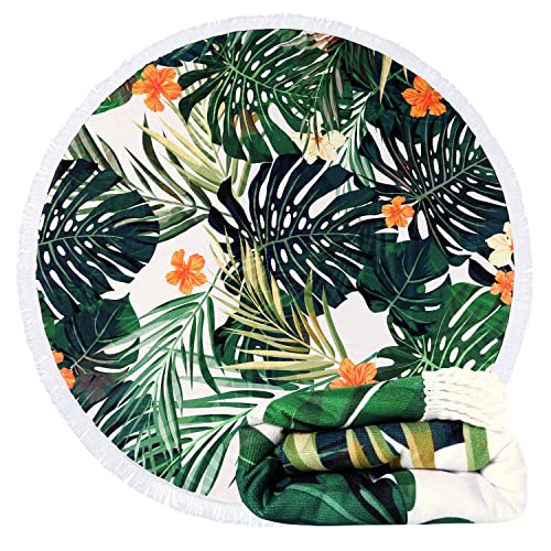 Benefeet Sox Beach Towel Large Round Mandala Pool Towels Tassels Microfiber Quick Dry Beach Blanket Throw Bohemian Roundie Swim Pool Circle Towel, 59 Inches - color: Tropical Palm Tree Leaf Flowers, Green