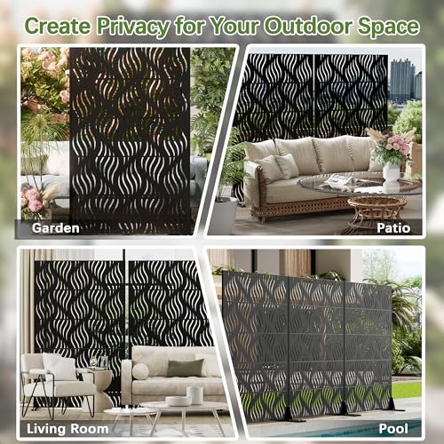 Cofar Metal Privacy Screen Outdoor 72" H×44" W -Black Freestanding Outdoor Privacy Panels with Stand, Decorative Fence for Patio, Deck, Balcony（Wicker） - style: 5-Panels Wicker_Black