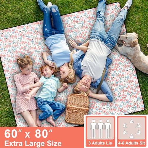 60x80" Large Picnic Blankets Waterproof Outdoor Beach Blanket Sandfree Tent Camping Sleeping Carpet Portable Yoga Meditation Mat Road Trip Car Travel Essentials Hiking Backpacking Gear Gifts - color: Pink Flowers, size: 6'8" x 5' (Rectangular)