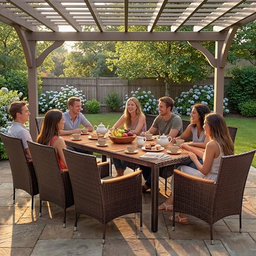 Devoko Outdoor Patio Dining Sets 9 Pieces Wicker Outdoor Dining Table and Chairs Set with Acacia Wood Table Top and Widened Armrests for Backyard, Garden, Deck (Brown) - color: Brown, style: 9 Piece Dining Set