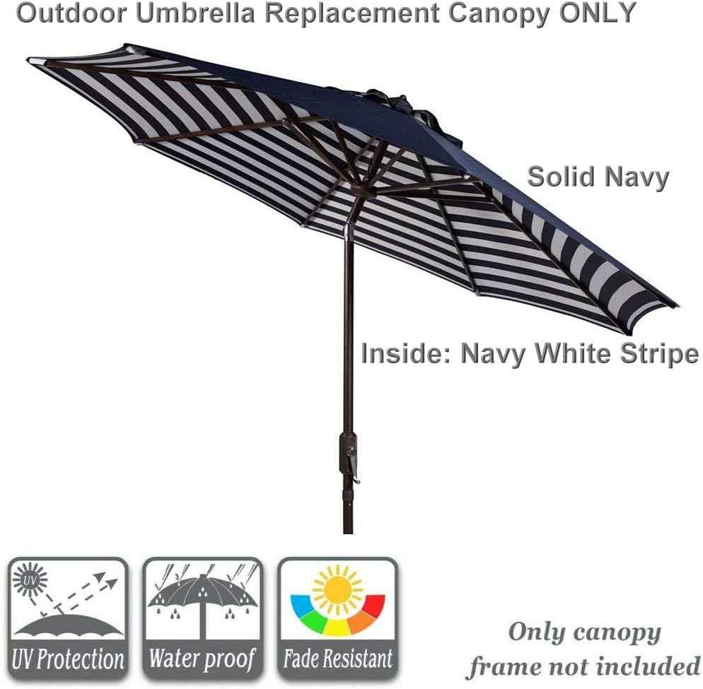 9ft Market Patio Umbrella Canopy - 8 Ribs Canopy Replacement - UV Protective UPF 50+ and Fade Resistant Patio Canopy - Wind Vent Replacement Canopy Cover (Canopy Only) (Purple) - color: Navy/Navy White Stripe