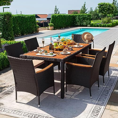 Devoko Dining 7 PCS Furniture, Patio Conversation Set with Acacia Wood Table Top, Outdoor, Beige Cushion and Black Rattan - color: Black, style: 7 Piece Dining Set