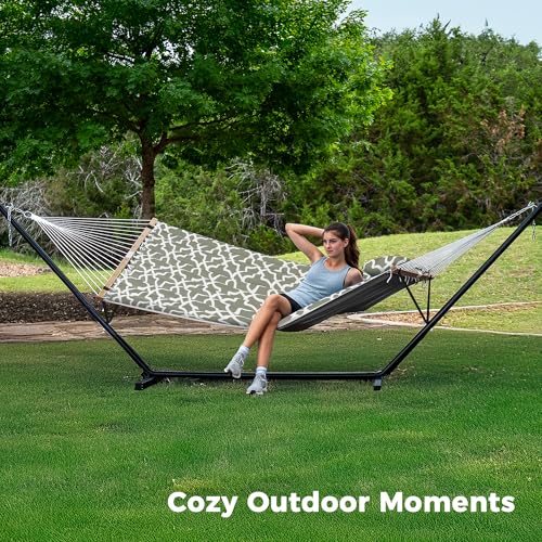 SUPERJARE Hammock with Stand, 2 Person Quilted Outdoor Hammock, Detachable Pillow & Bamboo Spreaders, Portable with Carrying Bag, Heavy Duty Stand, Perfect for Outside, Patio, Grey with White Flower - color: Grey With White Flower, size: 55.1"W × 74.8''D