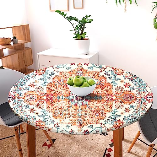 Round Fitted Tablecloth with Elastic Round Outdoor Tablecloths Round Elastic Tablecloth for Tables Waterproof Wipeable Boho Table Cover for Picnic,Camping,Dinner 40''-44'' - color: Orange, size: 44" (Round)