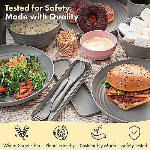 FOODLE Wheat Straw Dinnerware Set - BPA Free & Safety Certified - Unbreakable, Microwave & Dishwasher Safe - Dorm & RV Dishes - Camping Plates Cups and Bowls Set - Great for Kids & Adults - For 6 - color: Gray