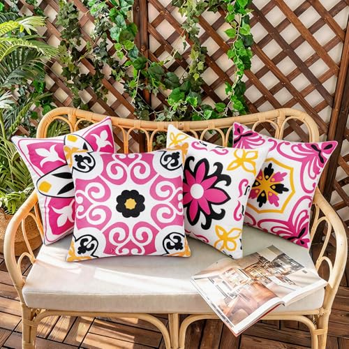 Pyonic Black Hot Pink Outdoor Pillows Waterproof Throw Pillow Covers Set of 4 Floral Printed and Boho Farmhouse Outdoor Pillow Covers for Patio Funiture Garden 18x18 Inch - color: Black Pink, size: 18" x 18" (Pack of 4)