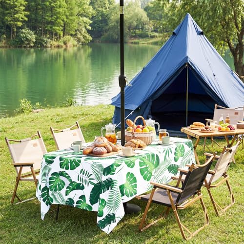 Poise3EHome 60X84 Outdoor/Indoor Waterproof Tropical Rectangle Tablecloth Green with Umbrella Hole Zipper for Camping Picnic Party Patio Table Spring, Palm Leaf - color: Palm Leaf, size: 84" x 60" (Rectangular)