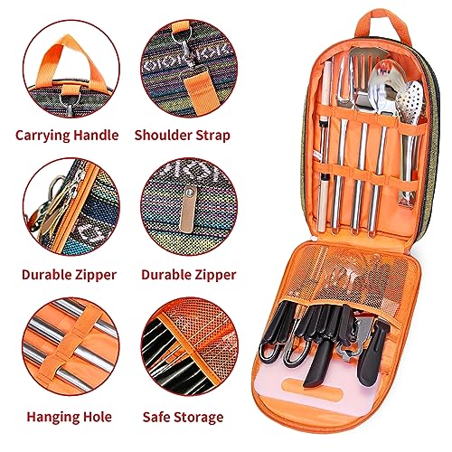 Portable Camping Kitchen Utensil Set-27 Piece Cookware Kit, Stainless Steel Outdoor Cooking and Grilling Utensil Organizer Travel Set Perfect for Travel, Picnics, RVs, Camping, BBQs, Parties and More - color: orange