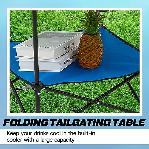 Soaoo 2 Pcs Folding Camping Table with 4 Mesh Cupholders 2 Tier Portable Folding Table Round Lightweight Fabric Compact Carrying Case Beach Table for Summer Outdoor Tailgating Fishing Hiking - color: Blue