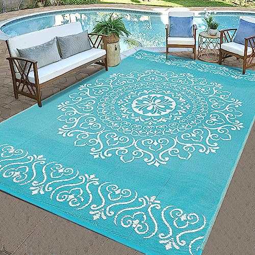 Pauwer Waterproof Outdoor Rug 6x9, Reversible Plastic Straw Patio Camping Rug, Indoor Outdoor RV Mat Carpet for Deck, Camper, Porch, Balcony, Backyard, Picnic, Floral Teal - color: Floral Teal, size: 6' x 9' (Rectangular)