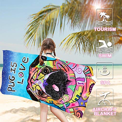 Bonsai Tree Pug Beach Towel, Cute Puppy Dog Themed Microfiber Bath Towel Gifts for Pug Lovers, Funny Abstract Trippy Sand Free Quick Dry Travel Towels for Kids Yoga Sports 30" x 60" - color: Pug 1, size: 30"x60"