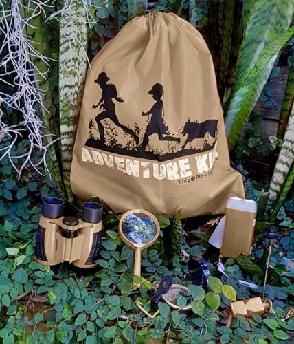 Tan Adventure Kidz Outdoor Exploration Kit, Children’s Binoculars, Flashlight, Compass, Fox Whistle, Magnifying Glass, Backpack. Great Gift Set for STEM, Pretend Play - color: Brown