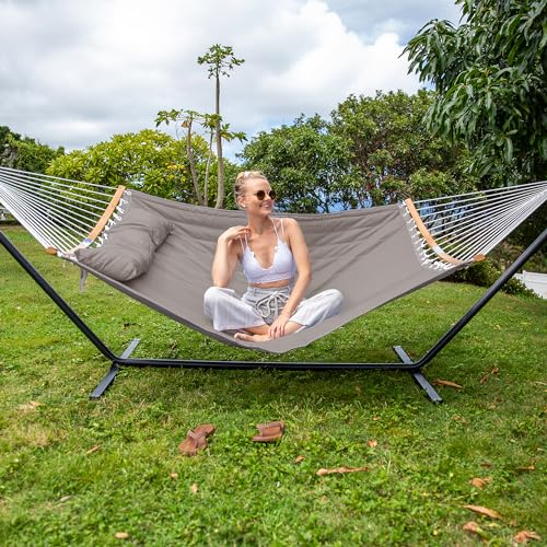 SUNCREAT Hammocks Portable Hammock with Frame, Backyard Double Hammock with Curved Spreader Bar, Brown - color: Brown