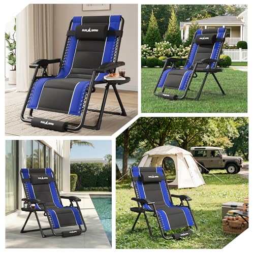 Amopatio Foldable Zero Gravity Chair Oversized Outdoor Reclining Chair 500LB Weight Capacity XXLPatio Recliner with 0-170° Adjustable Backrest Heavy Duty Lounge Chair with Cup Holder,Blue-Black - color: Blue-black, style: 33in-1pc
