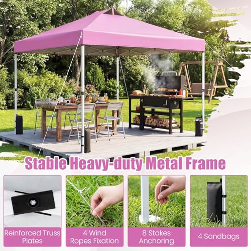 Tangkula 10 x10 Ft Pop Up Canopy with Center Lock, UPF 50+ One-Button Setup Outdoor Canopy Tent with Roller Bag, 4 Sand Bags, Heavy-Duty Steel Frame, 8 Stakes, 4 Ropes for Camping, Picnic (Pink) - color: Pink