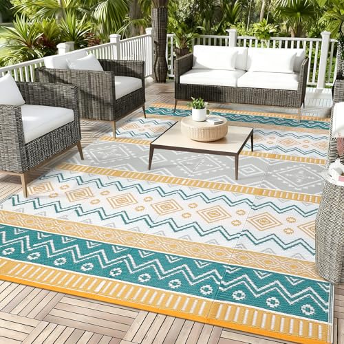 Boho 8x10 Waterproof Outdoor Rug, Reversible Plastic Straw Mat, Tribal Geometric Washable RV Camping Carpet, Foldable UV Resistant Deck Rug for Picnic Backyard Balcony Porch Patio, Yellow - color: Yellow/Green/Gray/White, size: 8' x 10' (Rectangular)