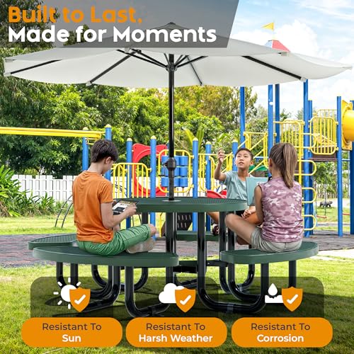Round Metal Picnic Tables for Kids for Outdoors with Umbrella Hole, Adjustable Seats for School, Park, Playground (Green, 38 in, Kids, Expanded Steel) - color: Green, size: 38 In, Kids, Expanded Steel