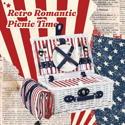 Wicker Picnic Basket for 2 with Waterproof Picnic Blanket and Insulated Bag, Patriotic Red White and Blue Star Pattern for Soccer Game, Camping, Travel, Birthday Gift, Wedding Gift - color: Classic Red White and Blue - 2