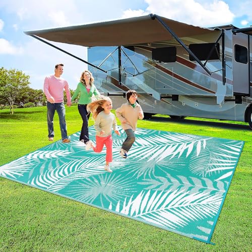 Outdoor Rug 8'x10' Waterproof for Patios Clearance, Reversible Outdoor Plastic Straw Rug Camping Carpet, Outside Floor Mats Large Area Rugs for RV,Patio,Deck,Porch, Beach,Balcony,Teal&White - color: Teal Blue, size: 8' x 10' (Rectangular)