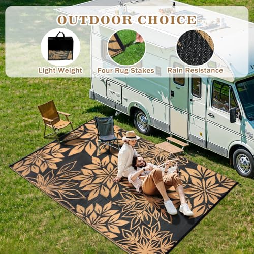Large Waterproof Outdoor Rug 5' x 8', Reversible Black & Brown Plastic Woven Carpet, Fade & UV Resistant, Stain Proof, Portable RV Camping Mat for Deck, Porch, Patio, Garden, Picnic - color: Black, size: 5' x 8' (Rectangular)