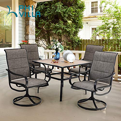 PHI VILLA 5 PCS Patio Dining Set with 4 Padded Outdoor Swivel Dining Chairs and 37"x 37" Premium PVC Table Top Dining Table(1.57" Umbrella Hole), Outdoor Dining Table & Chair Set for Deck Lawn Garden - color: Brown Padded Fabric, size: 37"L x 37"W x 28"H-