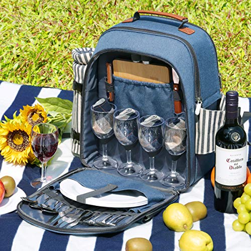 Sunflora Picnic Backpack for 4 Person Set Pack with Insulated Waterproof Pouch for Family Outdoor Camping(Blue & Stripe) - color: Blue & Stripe, size: 4 person