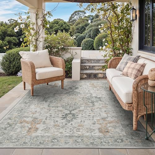 GENIMO Outdoor & Indoor Area Rug 5'x8', Waterproof, Non-Shedding, Easy Cleaning, Boho Mat for Patio, Living Room, Balcony, Dining Room, RV, Deck, Bedroom, Camping, Outside Carpet,Light Grey Brown - color: Light Grey Brown, size: 5' x 8' (Rectangular)