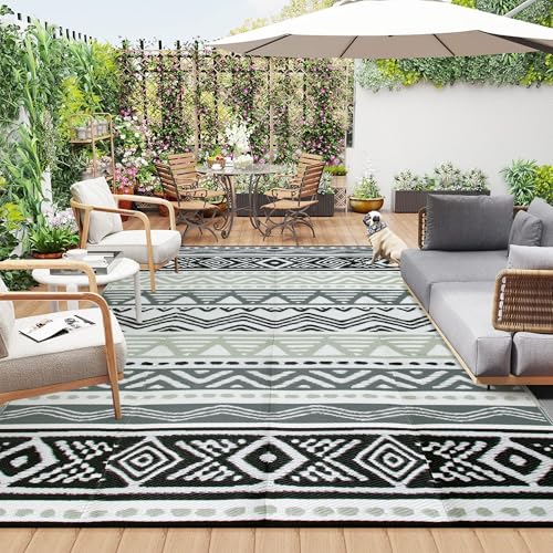 Lahome Outdoor Plastic Straw Rug, Reversible Outdoor Rug Waterproof 9x12 Rugs for Patio, RV Camping Rug Picnic Mat Outside Large Carpet for Beach Deck Backyard Balcony(Grey/Black,9'x 12') - color: Black/Grey, size: 9'x12'