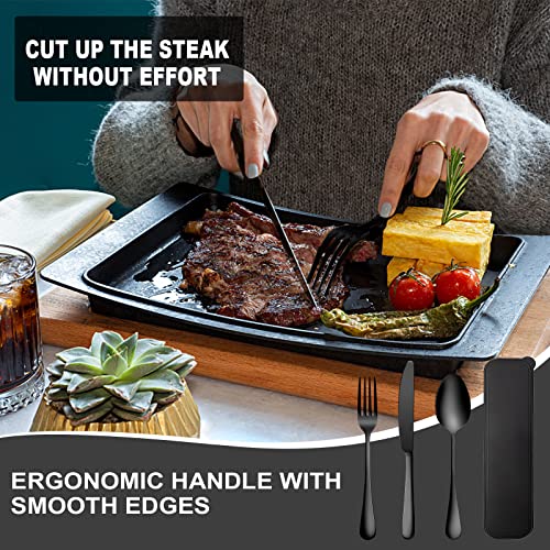 Portable Travel Utensils Set, 18/8 Stainless Steel 3 PCS Cutlery Set Including Knife Fork and Spoon, Reusable Travel Silverware Set with Case for Lunch Box Camping School Office - color: Black - 3 PCs