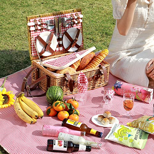 Picnic Basket for 4 Persons with Waterproof Picnic Blanket and Insulated Cooler, Large Wicker Picnic Basket for Camping, Outdoors, Valentine's Day, Christmas, Birthday, Wedding Gift - color: Red and White Small Plaid