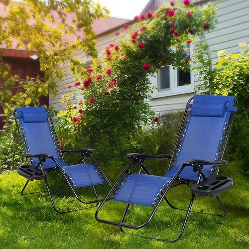 Nazhura Set of 2 Relaxing Recliners Patio Chairs Adjustable Steel Mesh Zero Gravity Lounge Chair Beach Chairs with Pillow and Cup Holder (Blue) - color: Blue