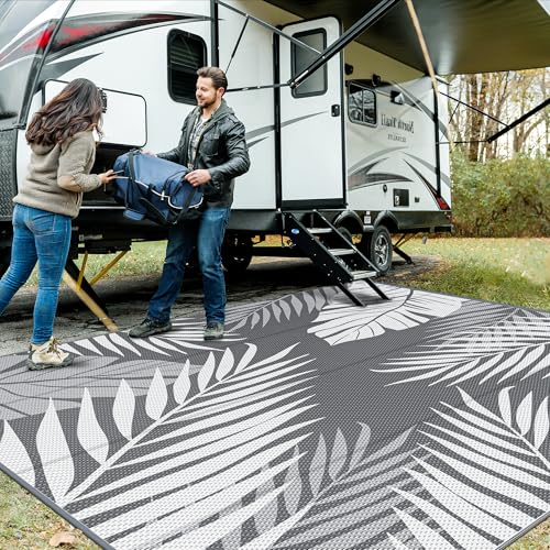 GENIMO Outdoor Rug 10' x 10' Waterproof for Patios Clearance, Reversible Outdoor Plastic Straw Camping Rug Carpet, Large Area Rugs Mats for RV, Camper, Deck, Balcony, Porch, Beach, Picnic, Grey&White - color: Grey & White | Waterproof, size: 10' x 10' (Re